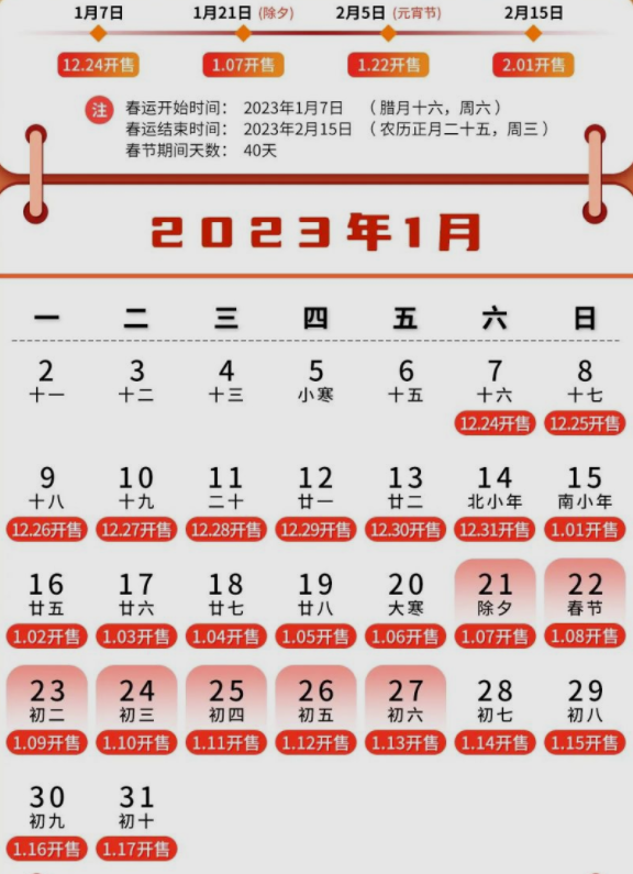 2023年春节假期即将来临，看春运日历提前抢票！