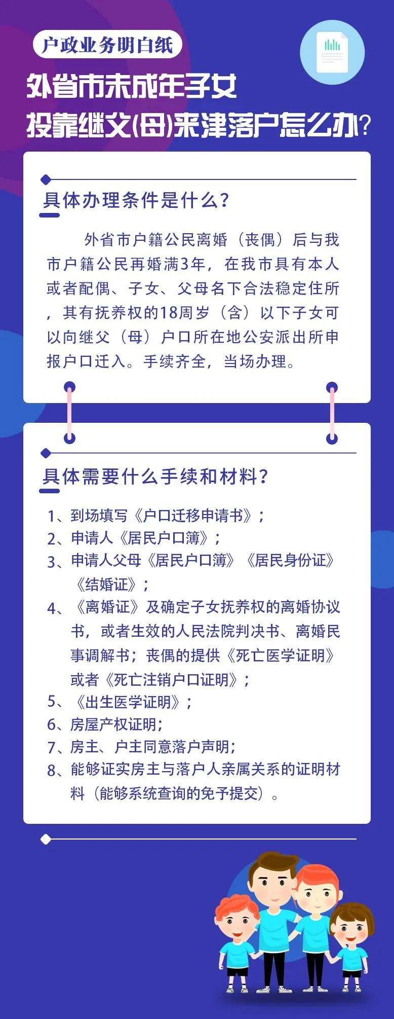 天津落户政策：户政明白纸丨外省市未成年子女投靠继父（母）来津落户怎么办？？